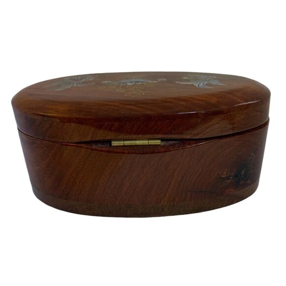 Vintage Mother of Pearl Fish Hinged Oval Brown Wooden Jewelry Trinket Box - Picture 2 of 6